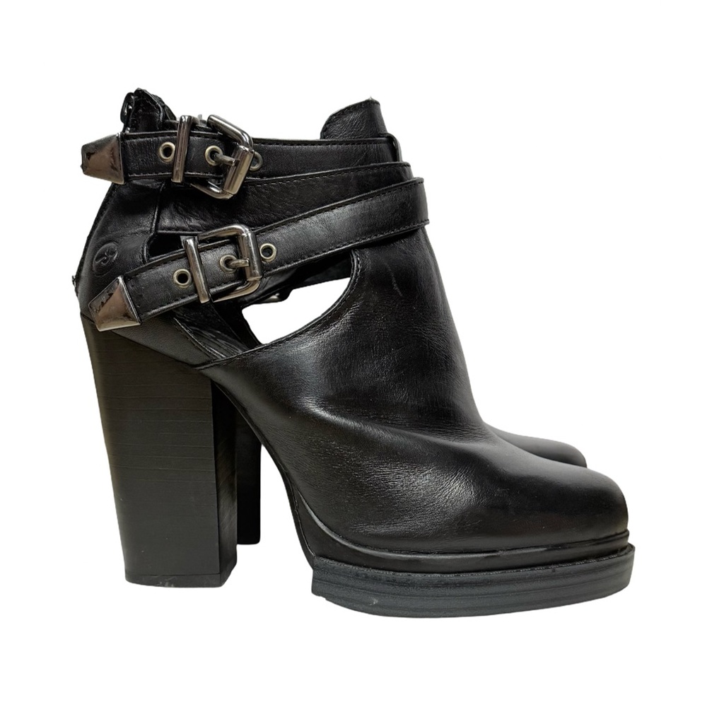Bronx Cherry Top Leather Moto Strappy Black Ankle Platform Boots Booties